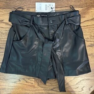 Zara Black Faux Leather Belted Shorts
